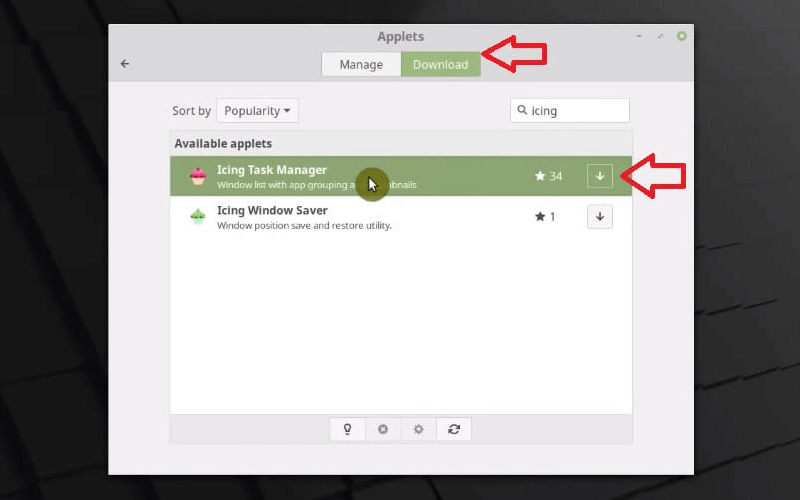 screenshot showing how to download Icing Task Manger applet