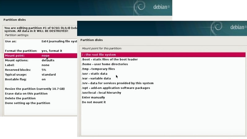 Install Debian Testing: choose mounting points