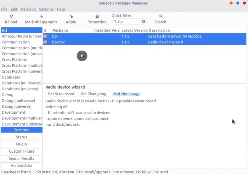 Installing the tlp package from Synaptic to Improve laptops battery duration