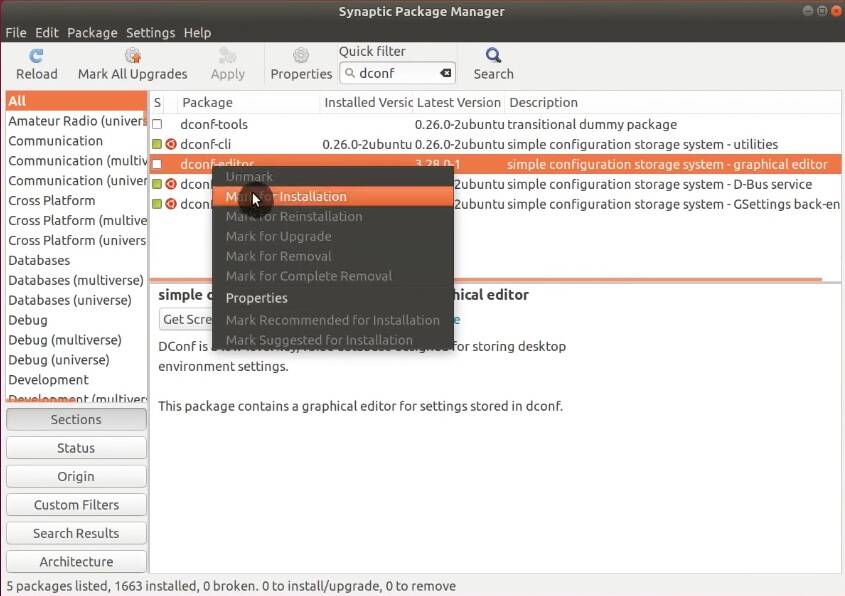 Installing dconf-editor in Synaptic