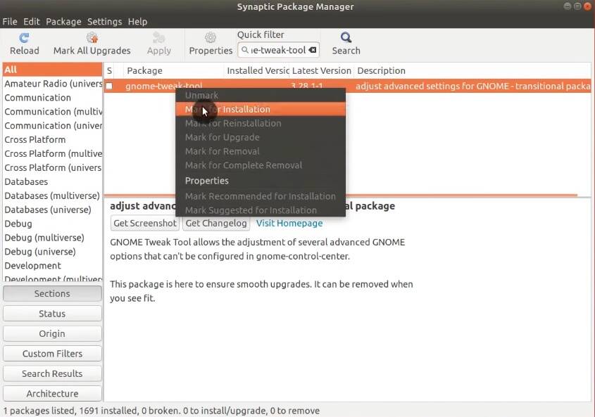Installing gnome-tweak-tool in synaptic