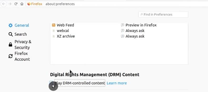 Enabling DRM support in Firefox Preferences