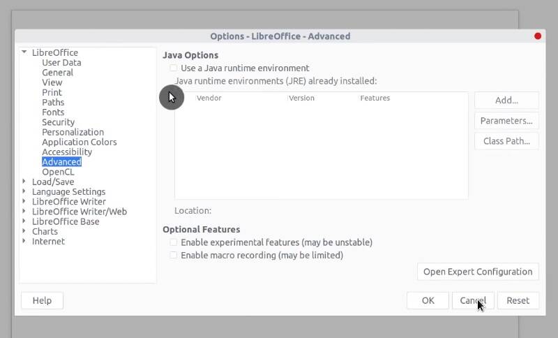 Disabling Java support in LibreOffice