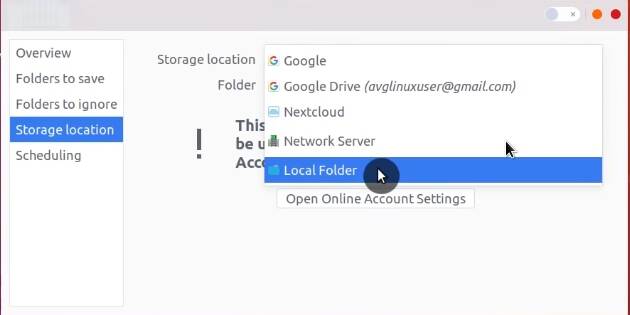 Choosing where to save the backup in Ubuntu Backups