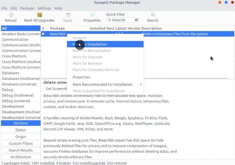 Installing Bleachbit from Synaptic