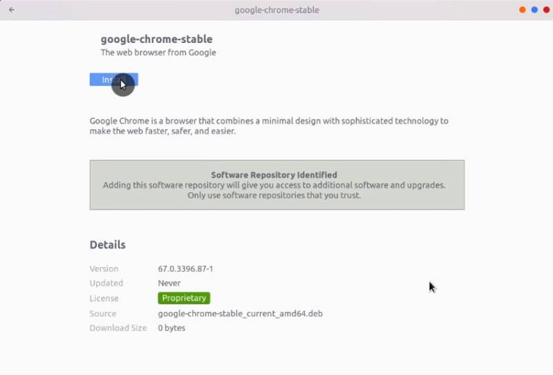 Installing the downloaded Google Chrome deb package in Ubuntu Software Center