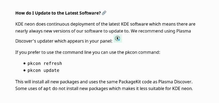 pkcon is the recommended option to upgrade according to KDE Neon website
