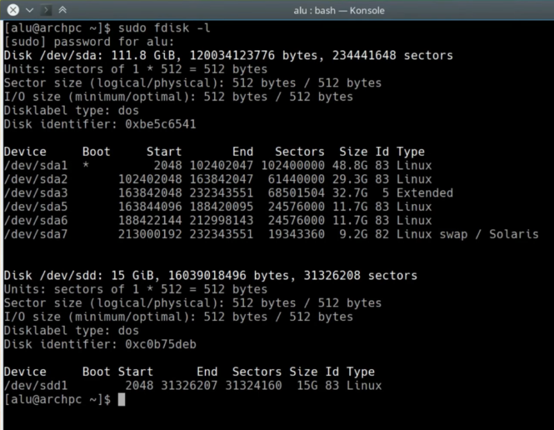 output of the command: sudo fdisk -l