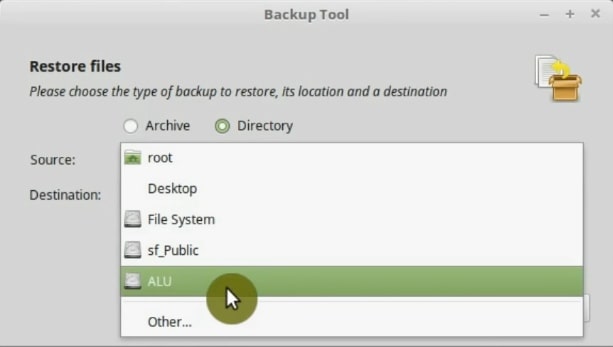 Select the source of the backup