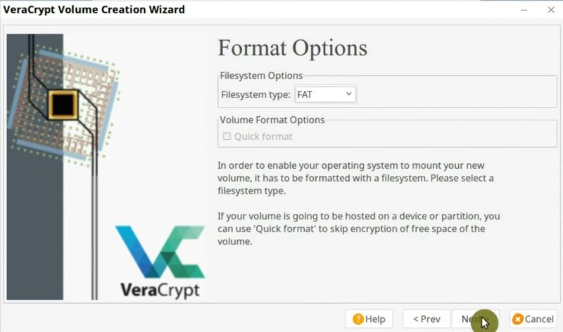Format Options screen where you can choose the volume filesystem