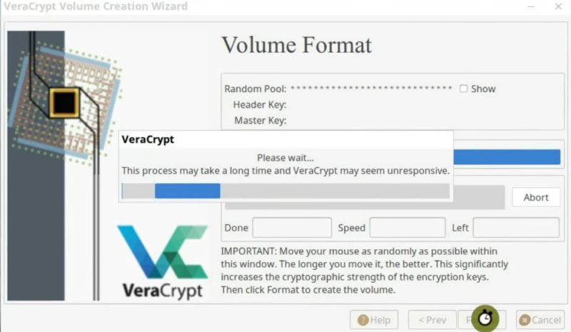 The VeraCrypt encryption process has started 