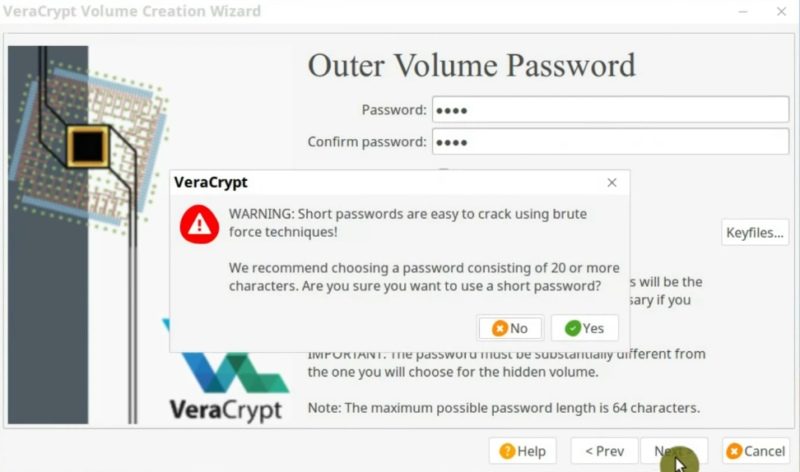 Create the password for the outer volume in VeraCrypt