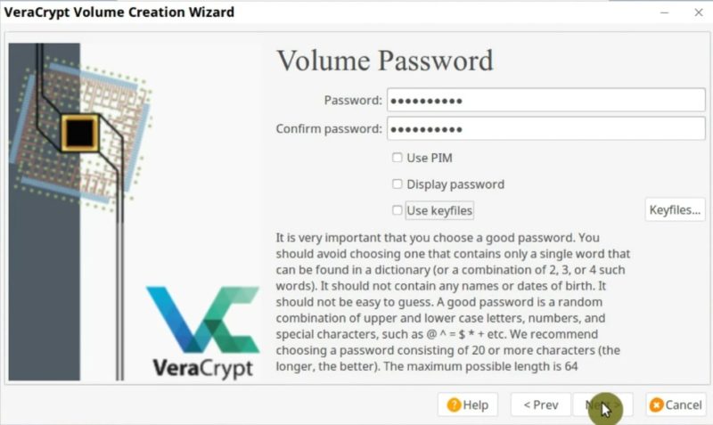 Set a Password for the VeraCrypt encrypted volume 