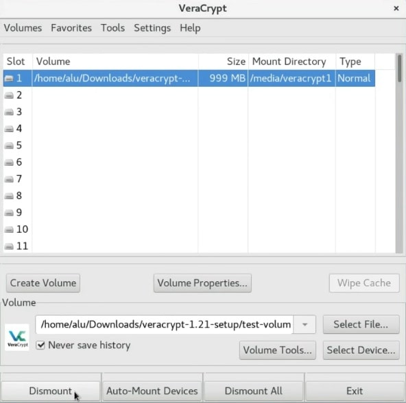 Dismounting the Veracrypt volume