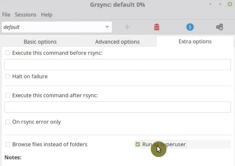 Run as superuser option to make a whole system backup in Grsync