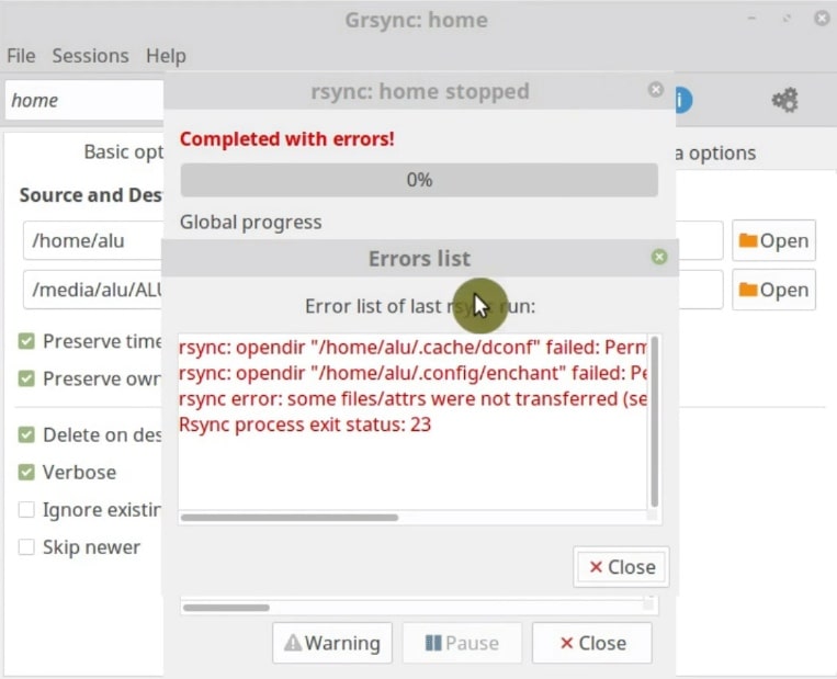 There are some errors during the process of Grsync backup