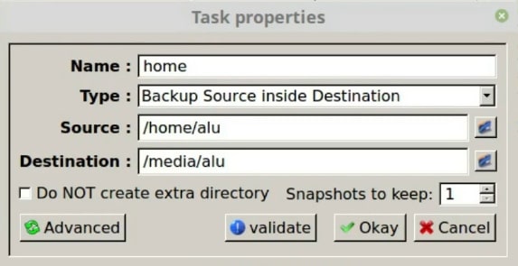 Task properties in Luckybackup