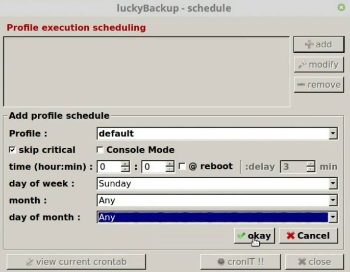 Configure the backup schedule in Luckybackup