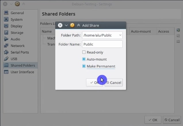 Set the folder options  in Virtualbox