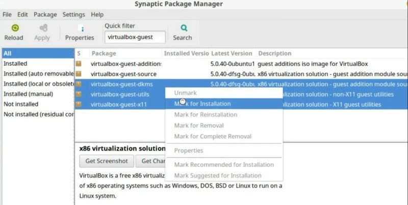 Install the virtuabox guest addition packages through Synpatic in Linux Mint