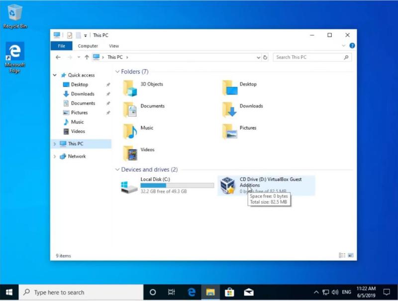 VirtualBox Guest Additions CD in the Windows 10 file manager