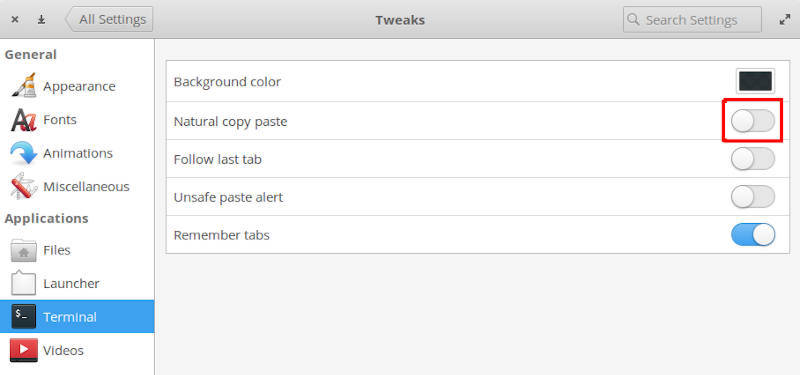 Disable natural copy-paste for terminal in elementary OS Tweaks