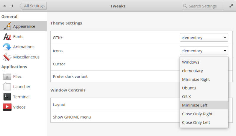 elementary OS title bar buttons options in Tweaks