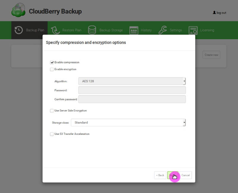 Compression and encryption options in CloudBerry Backup