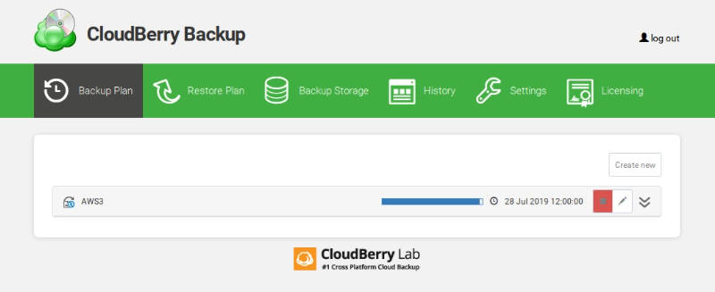 CloudBerry Backup progress in the web interface