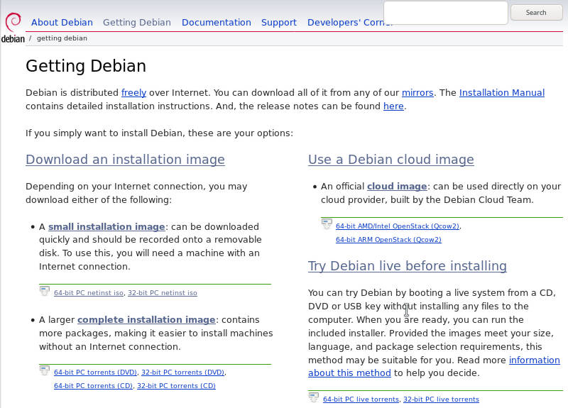 Getting Debian webpage
