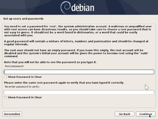 Root password screen of the Debian 10 installer