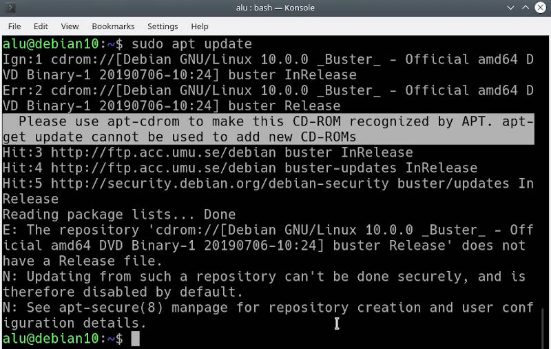 Debian 10 KDE CD-ROM error