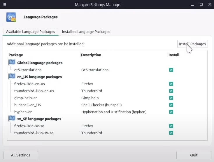 Installing language packs on Manjaro XFCE.