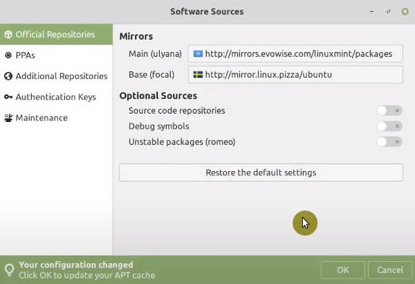 Linux Mint 20 Update Manager mirrors configuration.