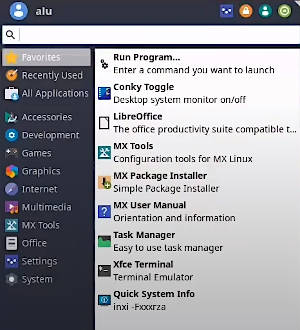 Whisker menu with categories on the left hand-side in MX Linux