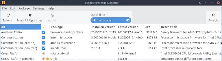 Synaptic package manager showing that processor microcodes are installed on MX Linux