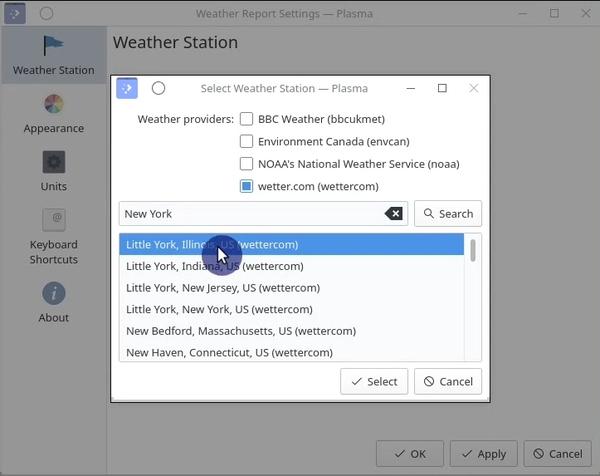 Plasma 5 configuring Weather Report widget