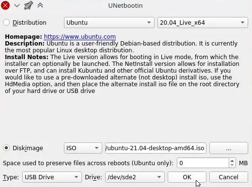Flashing Ubuntu 21.04 ISO with UNetbootin