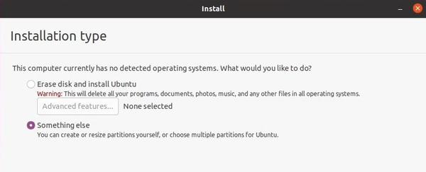 Manual partitioning selected in Ubuntu installation