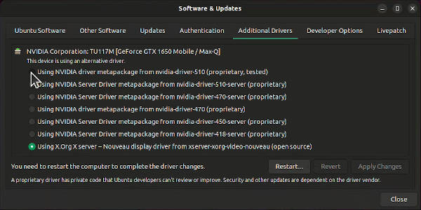 Additional drivers app in Ubuntu 22.04