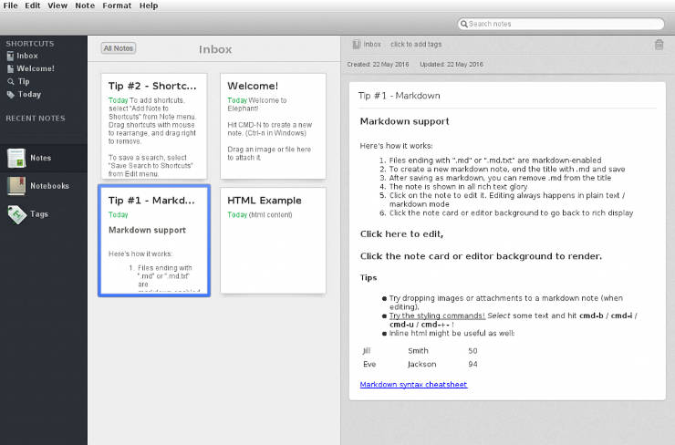 Screenshot of Elephant, an html-based note-taking program
