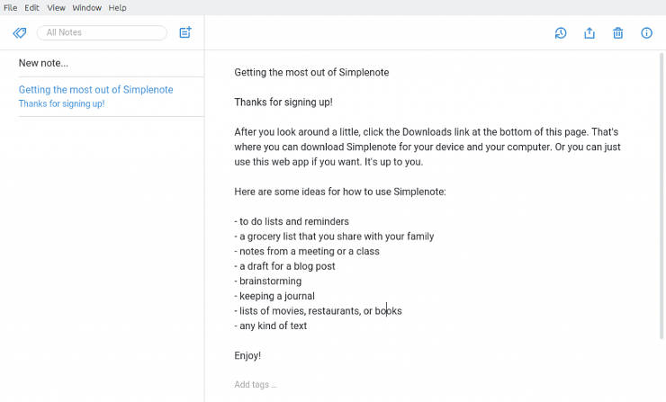 Screenshot of Simplenote, a text-only note-taking programs