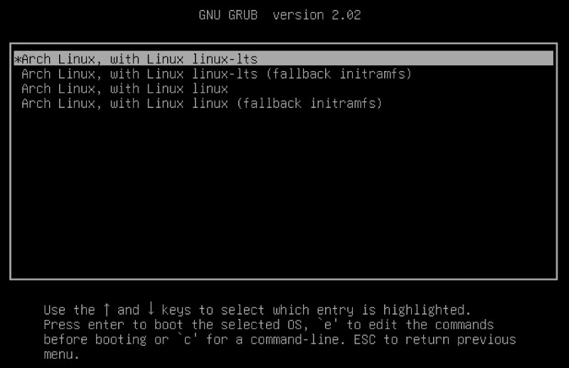 Arch Linux GRUB menu select lts-kernel