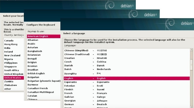Install Debian Testing: Select location, keyboard layout, and language