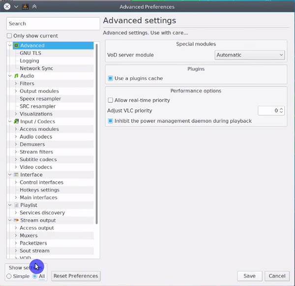 VLC all settings