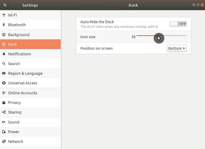 Dock settings in Ubuntu