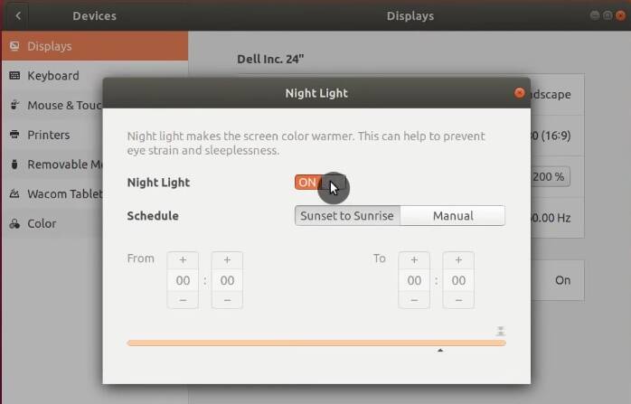 Enabling night mode in Ubuntu Settings.