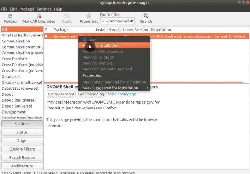 Installing chome-gnome-shell package in Synaptic