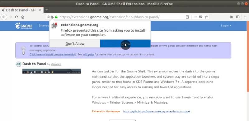 Installing GNOME extension add-on in Firefox<