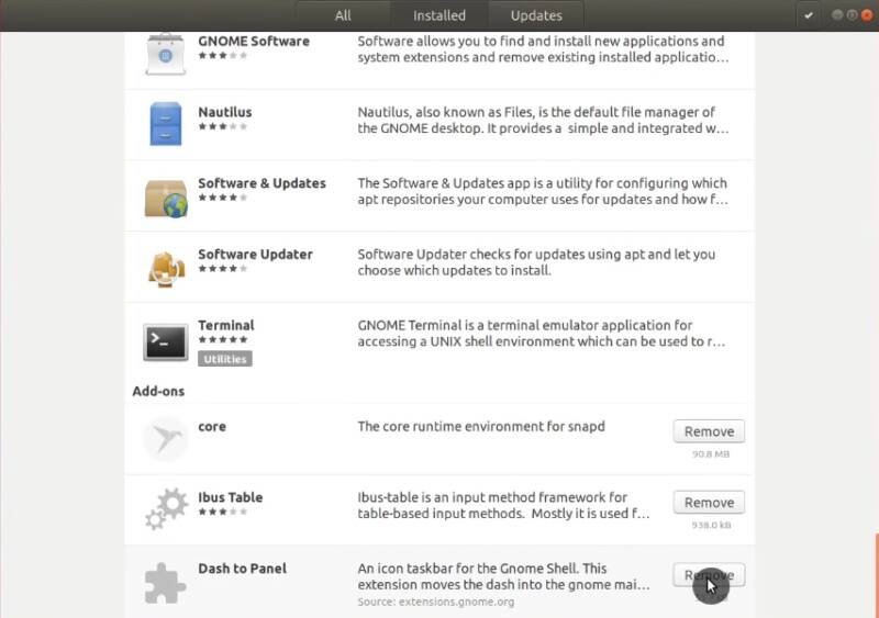 Uninstalling Dash to Panel extension using Ubuntu Software Center